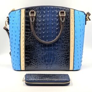 Blue Faux Alligator Satchel Bag & Wallet Set